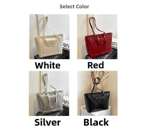 Selectable tote bag colors in white, red, silver, and black with front pocket detail