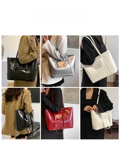 Collage of glossy patent leather tote bags in four colors shown on models from various angles