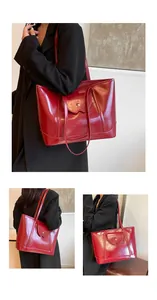 Three-way view of a large red glossy leather tote bag with stylish metallic buckle detail