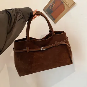 Retro frosted leather large capacity brown tote bag for women with belt buckle detail