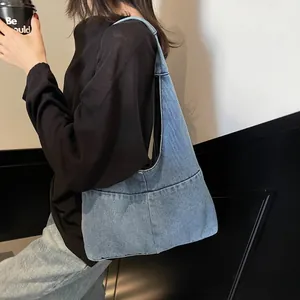 Women Casual Denim Tote Bag Large Capacity Hobo Shoulder Bag Washed Denim Underarm Bag For Daily Travel