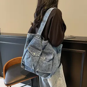 Sac Fourre-tout en Denim Mode pour Femmes Vintage Lavé Grande Capacité Sac à Main Épaule Doubles Poches Avant Casual Voyage