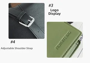 Close-up of adjustable strap metal buckle and embossed brand logo on lychee leather bag