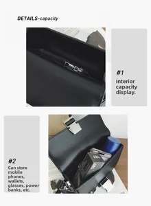 Detail view showing internal storage capacity and zip pocket of black leather crossbody bag
