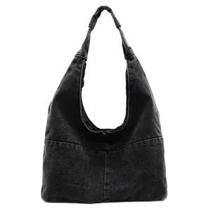 Minimalist black denim hobo shoulder bag with large capacity and crescent shape