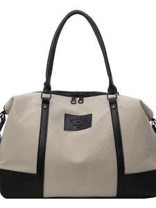 Large capacity canvas travel tote bag with black leather straps and zipper closure