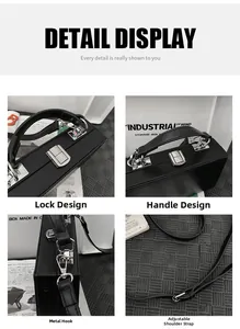 Detail view of black hardshell box bag with silver metal buckle and adjustable strap