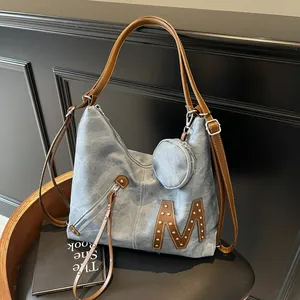 Large capacity vintage gray leather tote bag with brown M logo and round coin purse