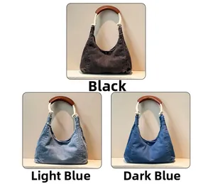 Three-color collage showing denim hobo bags in black, light blue, and dark blue denim