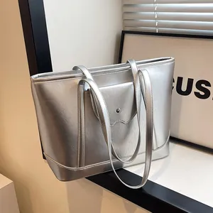 Women Large Capacity Tote Bag Glossy PU Leather Shoulder Bag With Front Pocket Simple Casual Underarm Bag For Daily Use