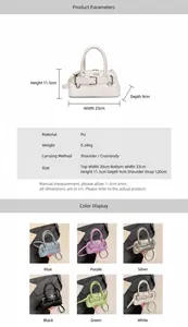 Detail view of mini PU leather shell bag with dimensions 23x11.5x9cm and top handles
