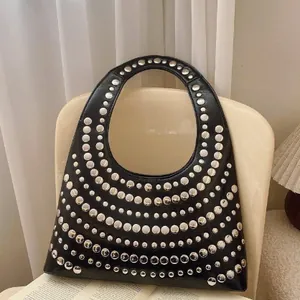 Women Fashion PU Leather Rivet Hobo Bag Retro Studded Tote Bag Punk Style Underarm Shoulder Bag Metal Rivets Decor Handbag