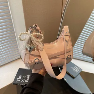 Women Fashion PU Leather Hobo Bag Sweet Bow Artificial Pearl Lace Decoration Crescent Underarm Shoulder Bag Chic Heart Pendant Y2K Purse