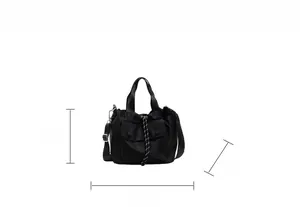 Detailed dimensions of black nylon drawstring bucket bag with size labels 19x24x15cm