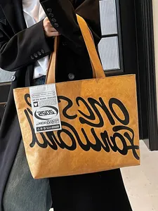 Fashion Large Capacity PU Leather Tote Bag With DuPont Paper Texture Letter Print Shoulder Bag For Women Casual Commuting