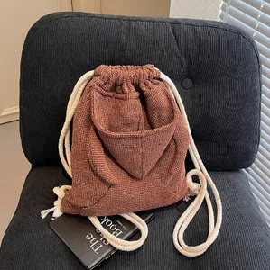 Women Waffle Fabric Drawstring Backpack Hoodie Style Creative Bag With Kangaroo Pocket And Animal Ears For Daily Travel