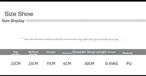Size chart for chic PU crossbody bag with 23x11x6cm dimensions and 30cm strap
