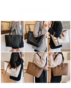 Detailed views of the large leather tote bag in black, white, and brown colors
