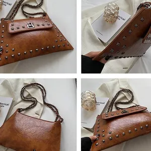 Sac sous le bras vintage marron avec rivets carrés et bandoulière chaîne en plusieurs vues