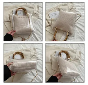 Detail view of transparent PVC bag with bamboo handle, knit inner pouch, and chain strap