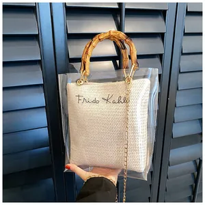 Detail of transparent PVC bag with bamboo handle and Frida Kahlo woven inner pouch