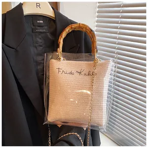 Close-up of transparent handbag with bamboo handle and Frida Kahlo embroidery detail