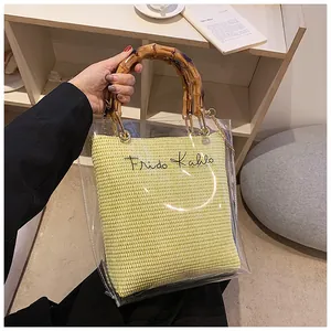 Detail of transparent PVC bag with bamboo handle and yellow woven inner pouch