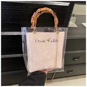 Detail of transparent PVC handbag with bamboo handle and Frida Kahlo printed inner pouch
