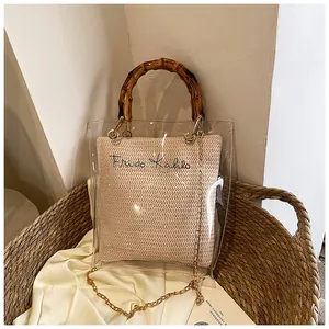 Detailed macro view of retro bamboo handle and embroidered Frida Kahlo name on chic handbag