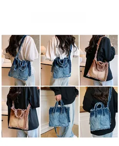 Detail view of denim tote bag with frayed edges and versatile straps in multiple colors
