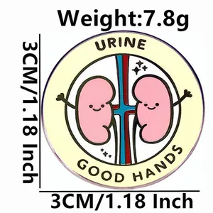 Cartoon kidney enamel pin badge with 'URINE GOOD HANDS' text, 1.18 inch diameter