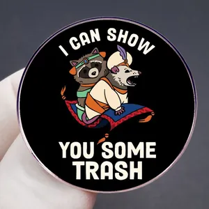 Funny raccoon and opossum on magic carpet badge with I Can Show You Some Trash slogan