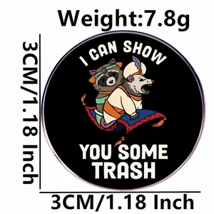 Funny raccoon and opossum on magic carpet enamel pin with I Can Show You Some Trash text