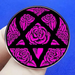 Gothic HIM band style badge with pink roses and pentagram on a black metal base
