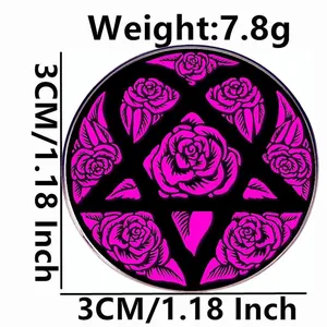 Gothic rose metal badge featuring a pink floral design on black background, 3CM diameter