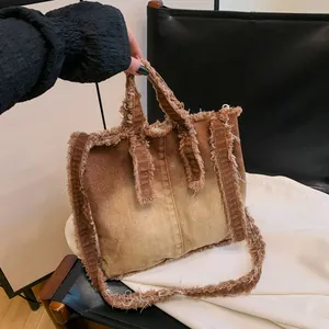 Women Vintage Denim Tote Bag Frayed Edge Large Capacity Wash Gradient Denim Handbag Street Style Shoulder Bag Shopping Bag