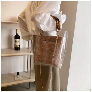 Detailed side view of a transparent PVC handbag with bamboo handle and Frida Kahlo pouch