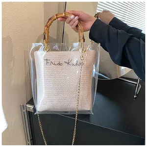 Detail of transparent PVC tote with bamboo handle and Frida Kahlo script text