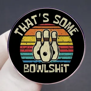 Vintage bowling pin sunset brooch with humorous 'That's some Bowlshit' quote