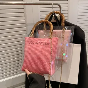 Fashion Transparent PVC Bamboo Handle Tote Bag For Women With Inner Bag Sequin Woven Design Crossbody Handbag Vacation Shoulder Bag