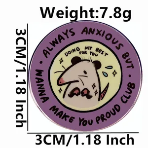 Cartoon opossum enamel pin with Always Anxious text, 3cm round alloy metal badge