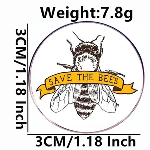 Save The Bees enamel pin with 3cm diameter and 7.8g weight shown on a white background