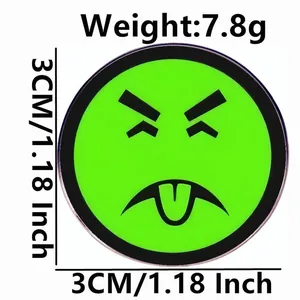 Green round cartoon badge with funny angry face expression metal brooch for daily outfits