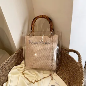 Transparent PVC tote with bamboo handles and beige woven inner bag with signature