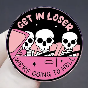 Humorous Get In Loser We're Going To Hell pink car skull enamel lapel pin badge