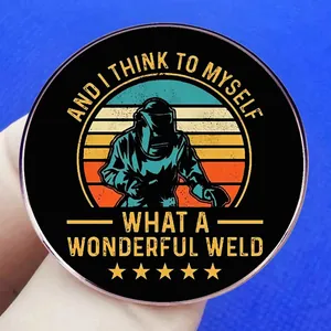 Funny welding theme round badge with retro sunset worker silhouette and humorous text