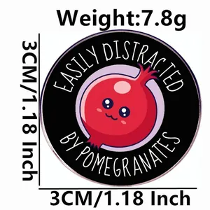 Funny cartoon pomegranate enamel pin badge with English text on black metal background
