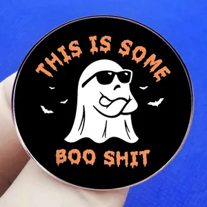Funny Halloween ghost pin with sunglasses and bats, featuring This Is Some Boo Shit text