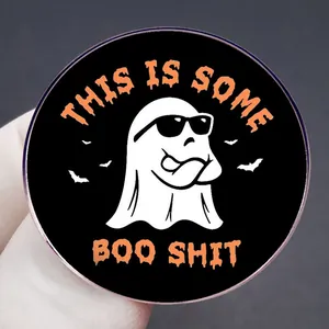 Funny ghost enamel pin with sunglasses and 'This is some boo shit' text for Halloween