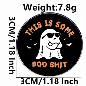 Funny ghost enamel pin with sunglasses and orange Boo Shit text for Halloween decor